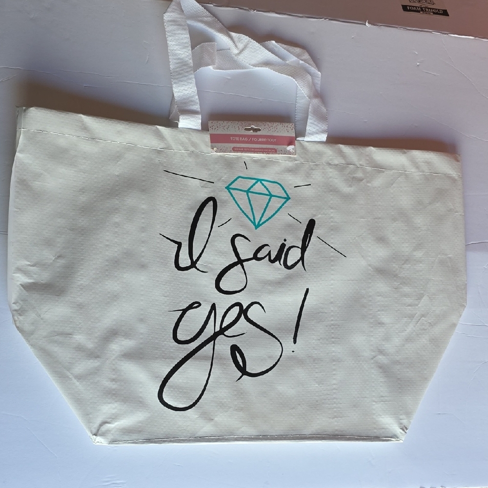 Ivory Tote Bag with Teal Diamond Graphic and Black Script